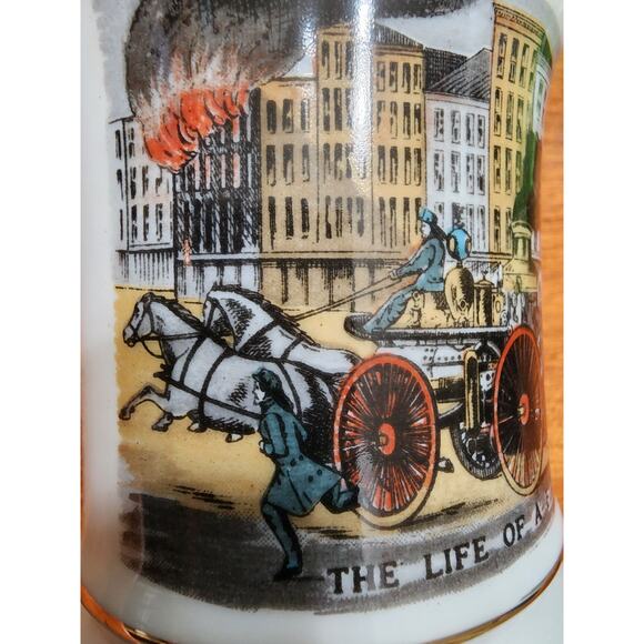 Life of a Fireman Mustache Coffee Mug Cup Firefighters in Action Gold Trim - Picture 1 of 6